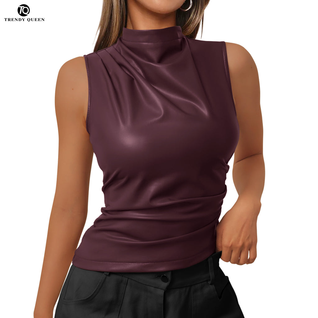 Trendy Queen Womens Leather Going Out Tops 2025 Asymmetrical Mock Neck Top Sexy Corset Club Outfits Slim Fit Tank