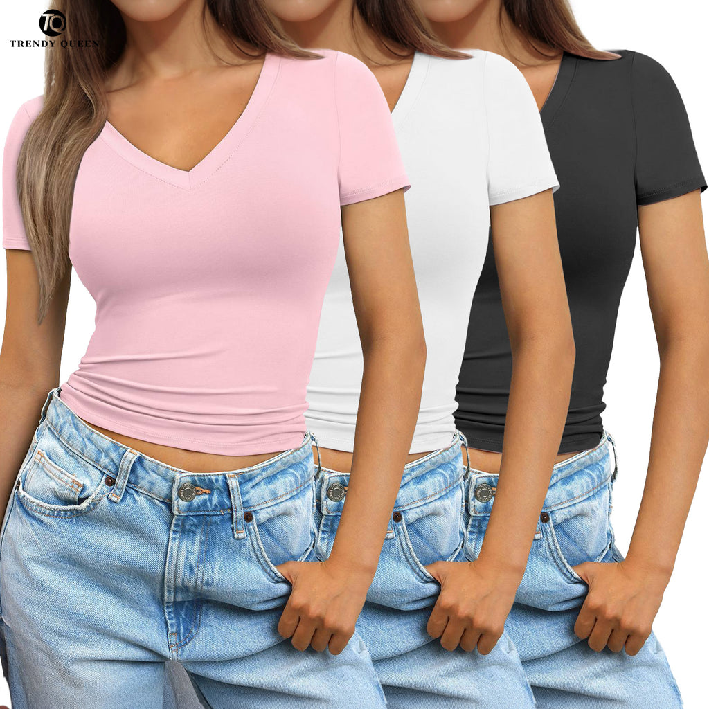 TrendyQueen Women‘s 3 Piece V Neck  Short Sleeve Shirts Basic Going Out Tops Slim Fit Crop Tops 2025 Y2k Clothes
