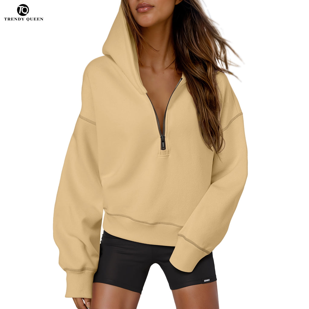 Trendy Queen Women's 2025 Fall Hooded Sweatshirts Long Sleeve Half Zip Cropped Hoodies Pullover Winter Fashion Clothes for Everyday Wear