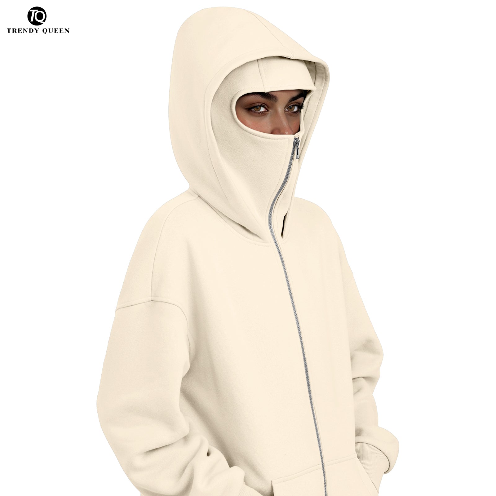 Trendy Queen Women's Stylish Balaclava Hoodie with Full-Face Mask - Casual Zip-Up Sweatshirt, Graphic Design, Perfect for Outdoor Activities| Fashionforward Hoodie | Durable Fabric Hoodie Tops Womenswear