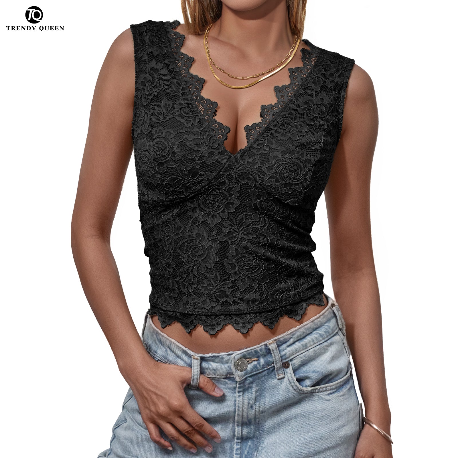 AUTOMET Women's Delicate Lace Trim Sexy Deep V-Neck Sleeveless Top