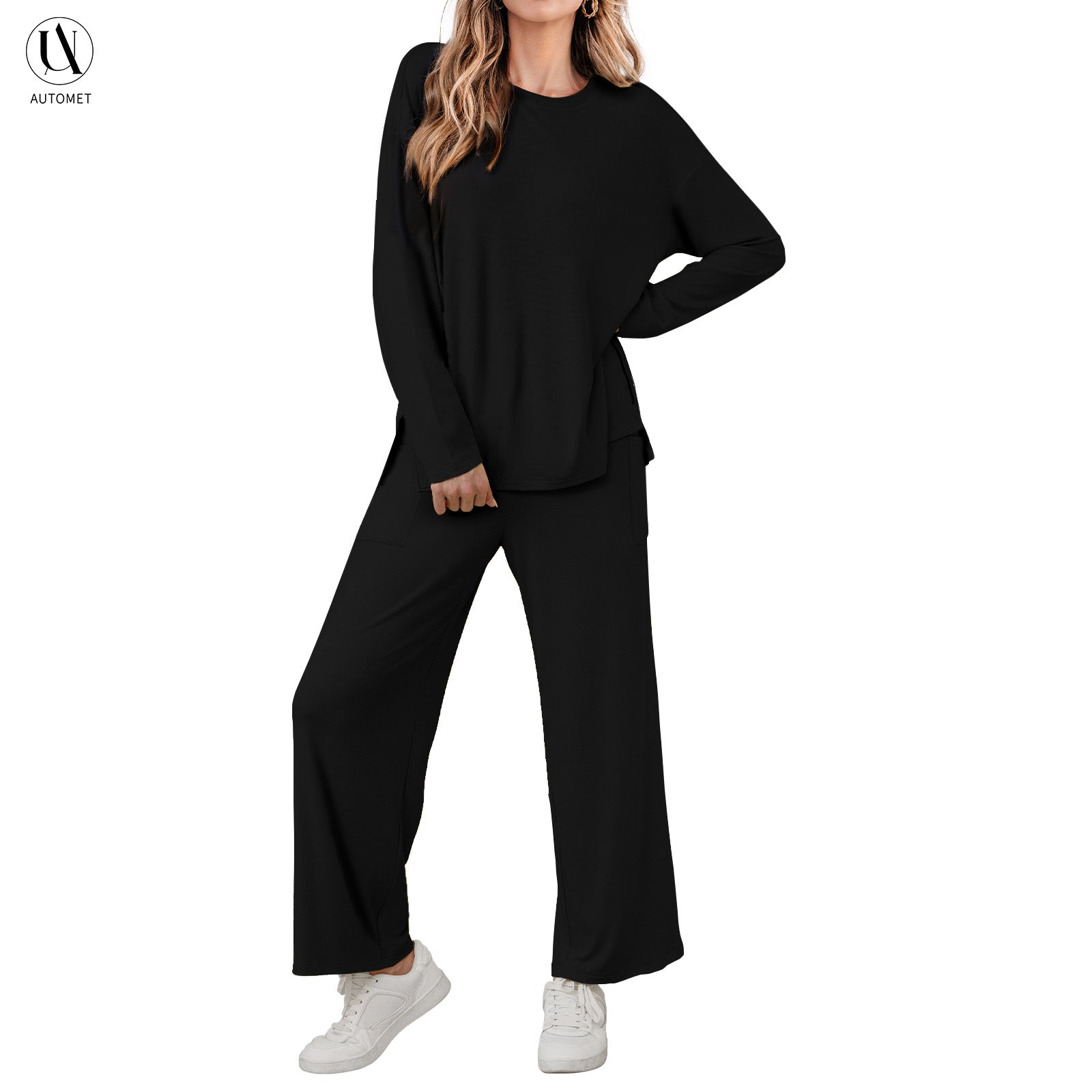 AUTOMET Women's Lounge Set with Side Slits | Oversized Long Sleeve Top & Pants